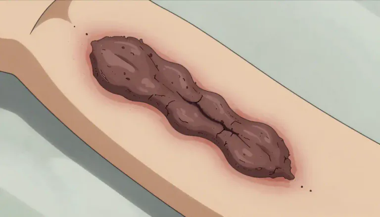 Visual representation of "eschar" - A dry, dark scab formed on the skin as a result of tissue death due to injury or disease.