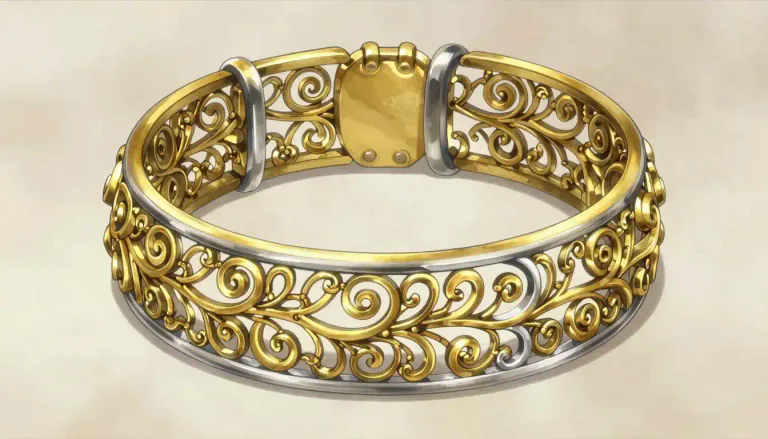 Visual representation of "filigree" - A delicate and detailed kind of design or craft, often made from gold or silver thread.