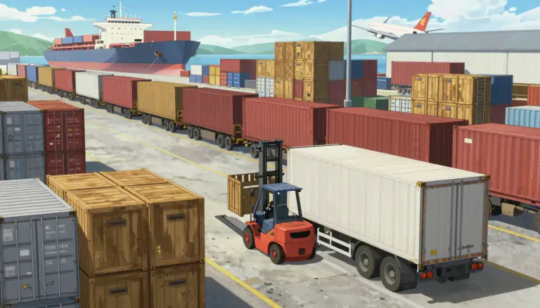 Visual representation of "freight" - Goods transported in bulk by truck, train, ship, or aircraft.