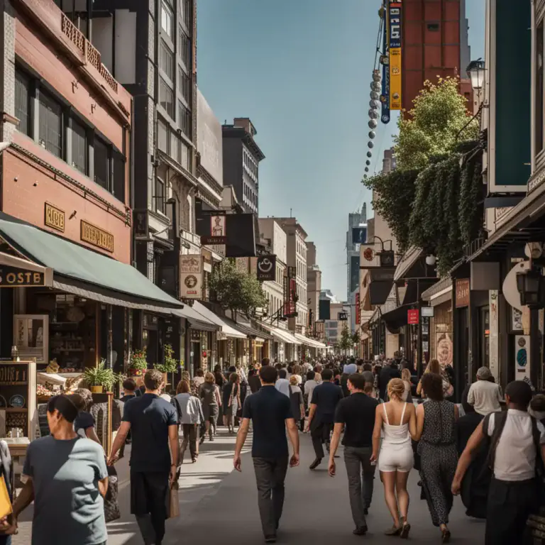 Visual representation of "strip" - A row of stores, restaurants, or businesses along a street