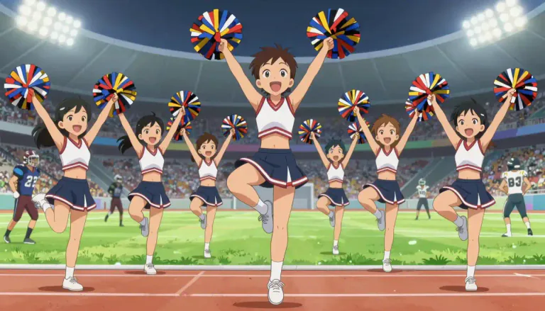 Visual representation of "cheerleading" - The activity of leading cheers, shouts, and chants to support a sports team, often with stylized physical movements