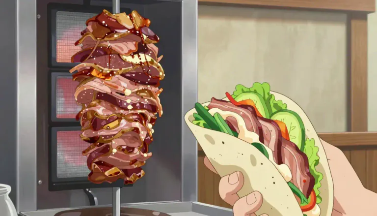 Visual representation of "shawarma" - A Middle Eastern dish made of seasoned meat that is cooked on a vertical rotisserie and usually served in a wrap with vegetables and sauce.