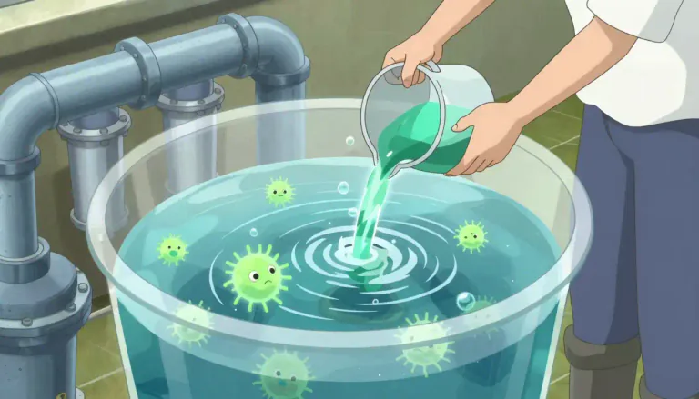 Visual representation of "chlorinate" - To add chlorine to a substance, mostly to water for cleaning and purifying it.