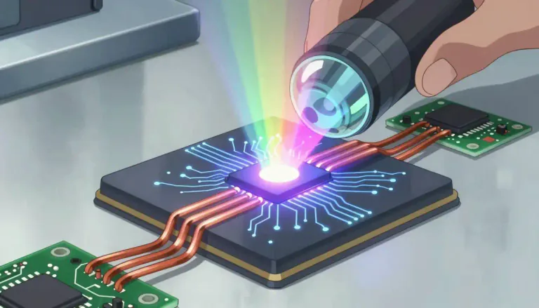 Visual representation of "optoelectronic" - Relating to the technology that combines optics (light) and electronics.