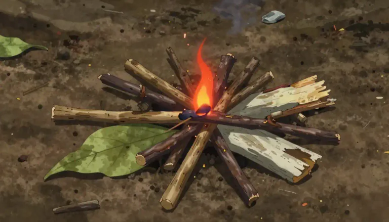 Visual representation of "tinder" - Dry, flammable material, like tiny sticks or trees' bark, used for starting fire