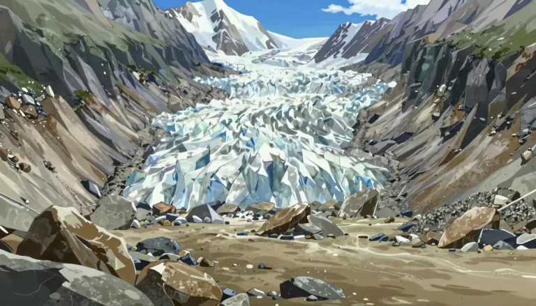 Visual representation of "moraine" - A mass of rocks and sediment carried down and deposited by a glacier, typically as ridges at its edges or extremity.