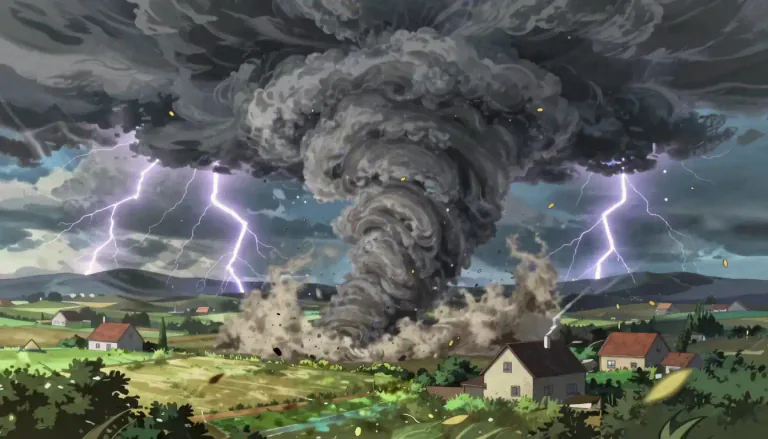 Visual representation of "tornado" - A violently rotating column of air touching the ground, usually coming from thunderstorms