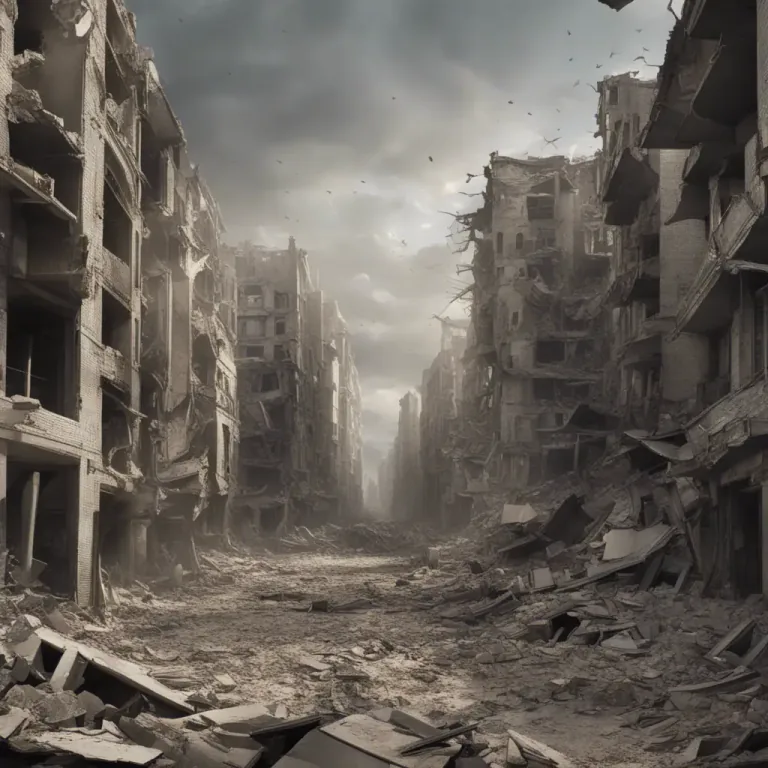 Visual representation of "in ruins" - Badly damaged or destroyed