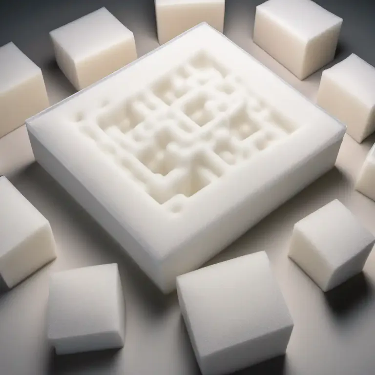 Visual representation of "foam" - A lightweight material in cellular form, made by introducing gas bubbles during manufacture. Used in protective packaging and insulating materials.
