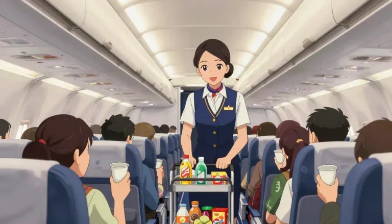 Visual representation of "stewardess" - A woman who takes care of passengers on a plane, often serving food and drink.