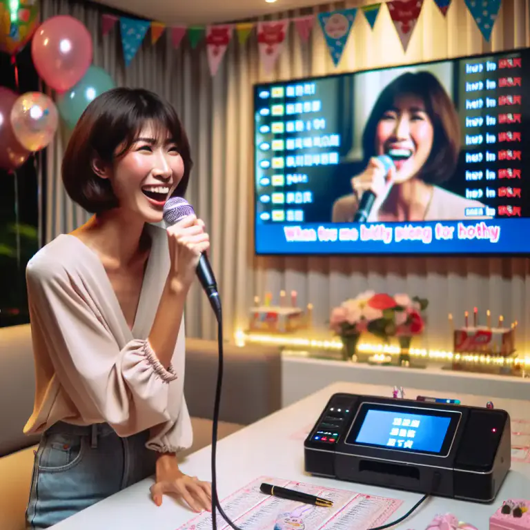 Visual representation of "karaoke" - A machine or software application that provides the music and lyrics for karaoke and usually alters the pitch to suit the user's vocal range.