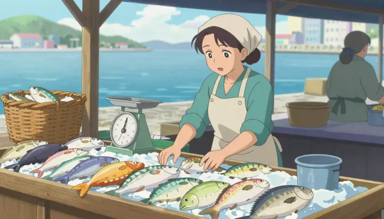 Visual representation of "fishwife" - A woman who sells fish, especially at a fish stall or market.