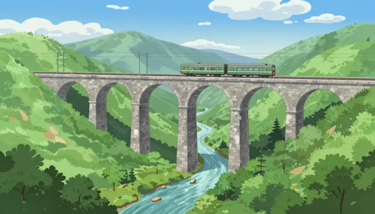 Visual representation of "viaduct" - A long bridge like structure, usually for roads or railways, that crosses over a valley or other low areas
