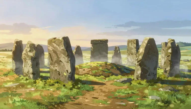 Visual representation of "henge" - A prehistoric monument consisting of a circle of stone or wooden upright posts and a mound or earthwork.