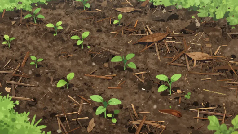 Visual representation of "mulch" - A material, often decaying leaves or compost, spread over soil to protect or improve it.