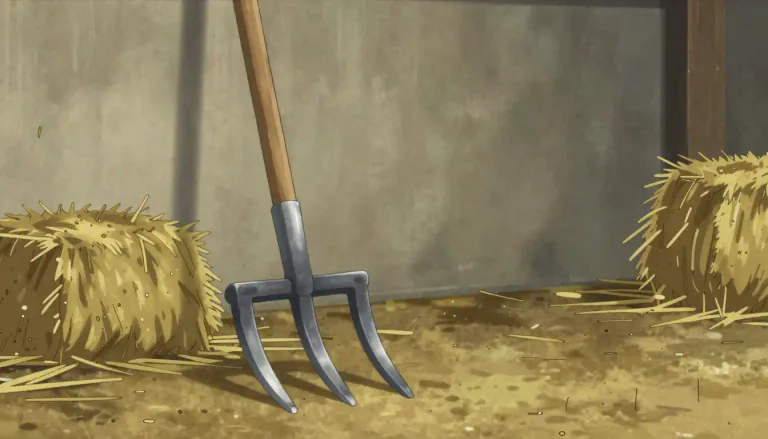 Visual representation of "pitchfork" - A farm tool with a long handle and two or three metal parts like fingers, typically used for picking up or moving piles of hay or straw.