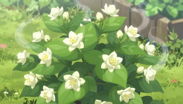 Visual representation of "jasmine" - A type of small bush with sweet-smelling white or yellow flowers, often used in perfume or tea