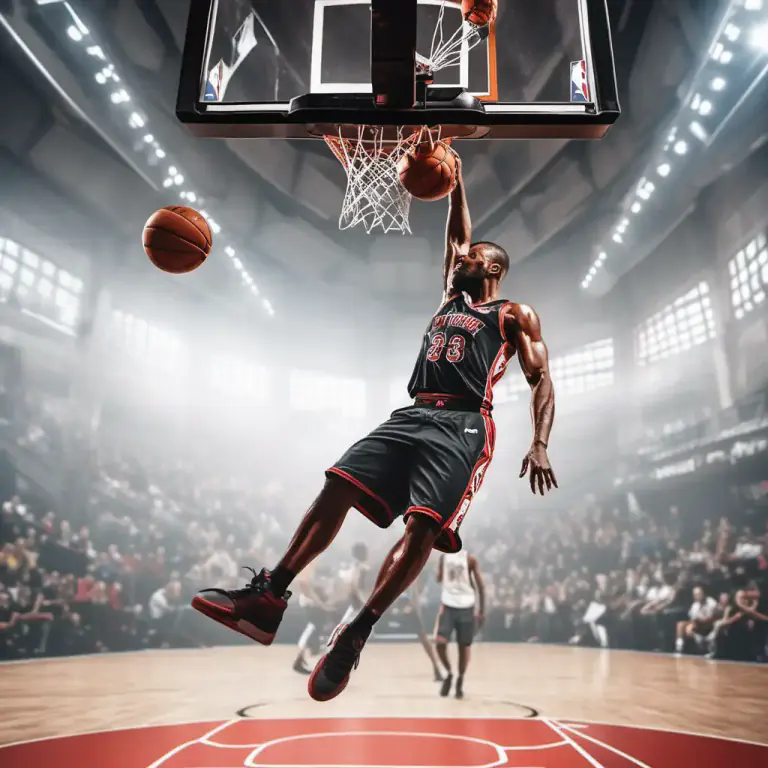 Visual representation of "windmill" - A jump shot in basketball also called a windmill dunk where the player spins the ball over their head in a circular motion, imitating a windmill, before slamming it into the net.