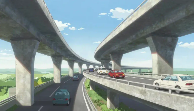 Visual representation of "overpass" - A bridge that carries a road or railway over another road or rail