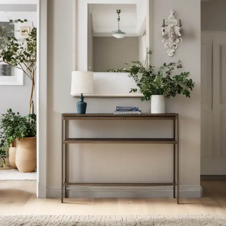 Visual representation of "console" - A piece of furniture that stands against a wall, usually in a hall or a living room
