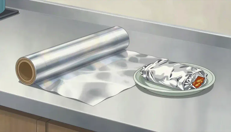 Visual representation of "tinfoil" - A sheet or roll of thin metal, usually aluminium, that is used for cooking or storing food.