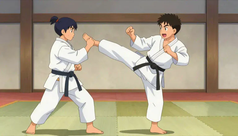Visual representation of "karate" - A sport from Japan where people fight using kicks and punches