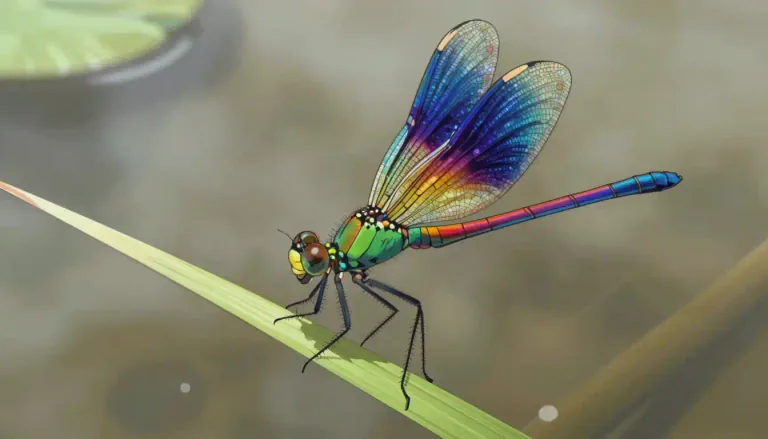 Visual representation of "damselfly" - A type of insect belonging to the order Odonata, known for its long slender body and brightly colored wings, typically resting with its wings closed above its back.