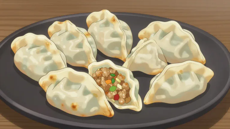 Visual representation of "gyoza" - A type of Japanese dumpling made of thin dough that is filled with meat and vegetables.