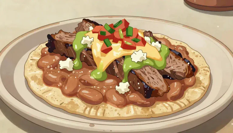 Visual representation of "huarache" - A traditional Mexican dish made with a thick tortilla, topped with ingredients like beans, meats, and sauces.