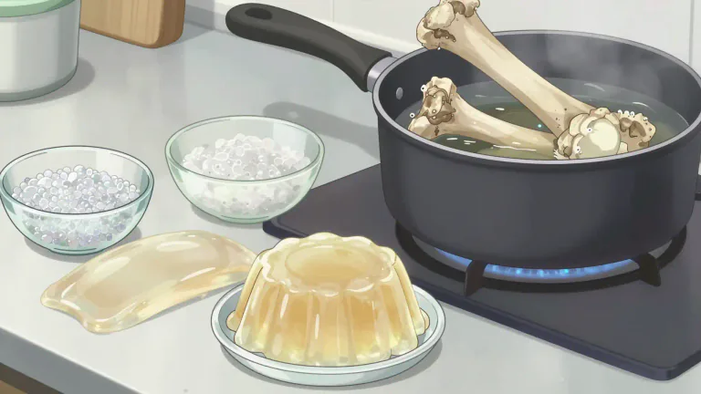 Visual representation of "gelatine" - A colorless and flavorless food ingredient obtained by boiling skin, bones, and connective tissues of animals, used as a gelling agent.