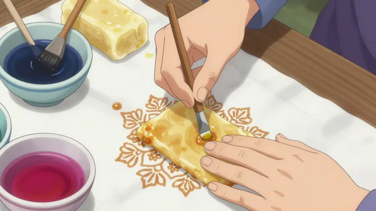 Visual representation of "batik" - A method of producing colored designs on textiles by applying wax and dye to create patterns.