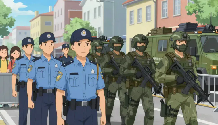 Visual representation of "militarization" - The process of supplying a place, an organization or society with military force or values.