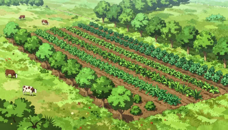 Visual representation of "agroforestry" - Agroforestry is a land management system where trees or shrubs are grown around or among crops or pastureland.