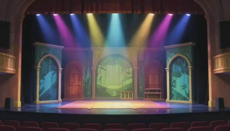 Visual representation of "scenography" - The design and organization of the stage for a play or performance, including elements like scenery and lighting.