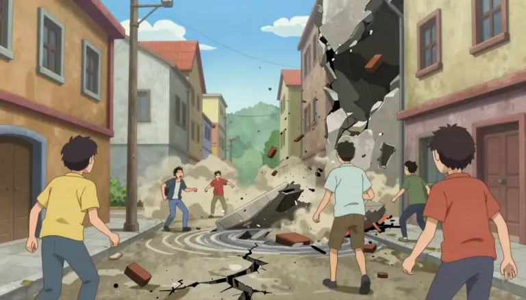 Visual representation of "aftershock" - A smaller earthquake that occurs after a larger one and is a result of the adjustments made in the earth's crust.