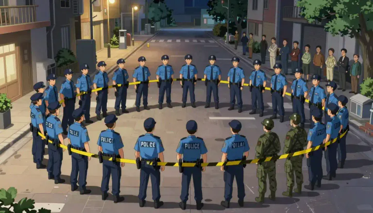 Visual representation of "cordon" - A line or circle of police, soldiers, etc. preventing people from going to a place
