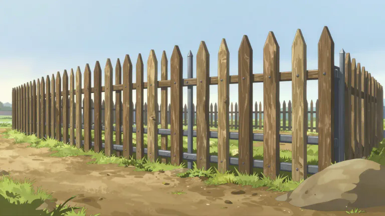 Visual representation of "palisade" - A fence of wooden stakes or iron railings fixed in the ground, forming an enclosure or defense.