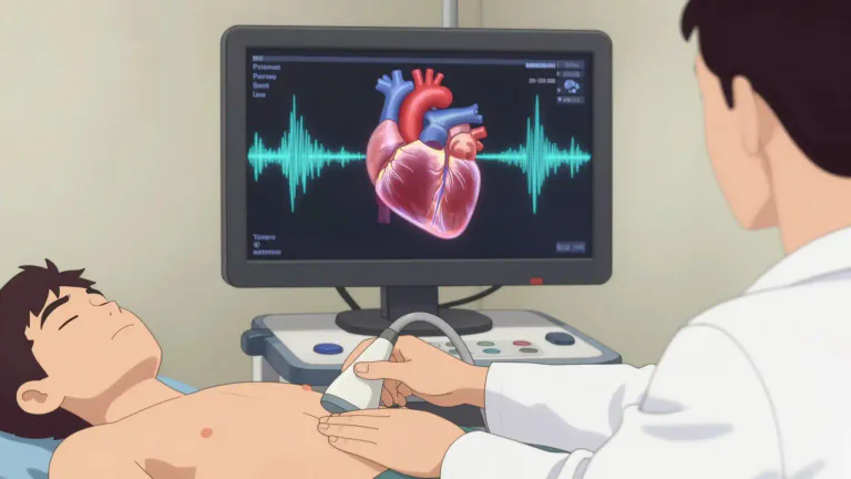 Visual representation of "echocardiogram" - A test that uses sound waves to produce images of the heart, allowing doctors to see how the heart is functioning.