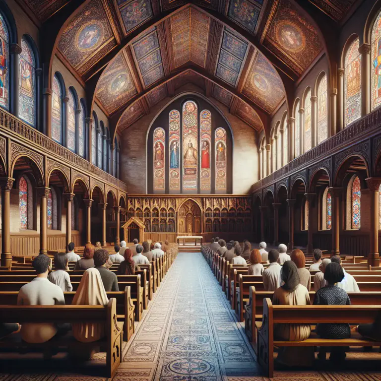 Visual representation of "pew" - Collection or area of church pews.