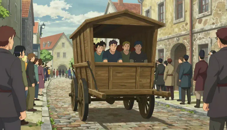 Visual representation of "tumbril" - A cart or wagon used in the past for carrying condemned people to be executed.