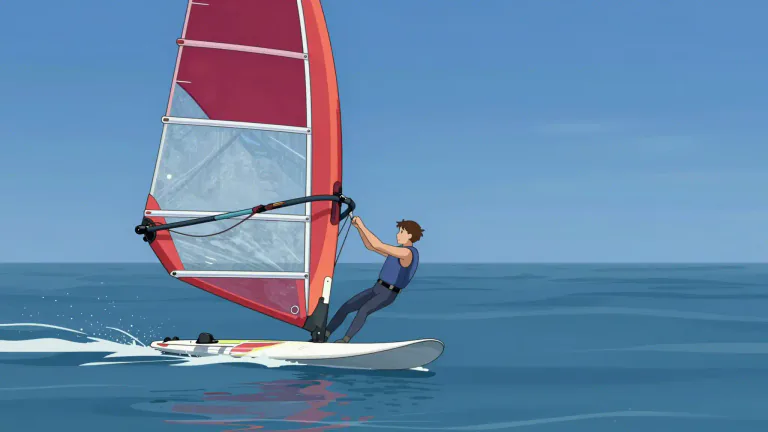 Visual representation of "sailboard" - A type of board used for windsurfing with a sail that allows a person to navigate across water.