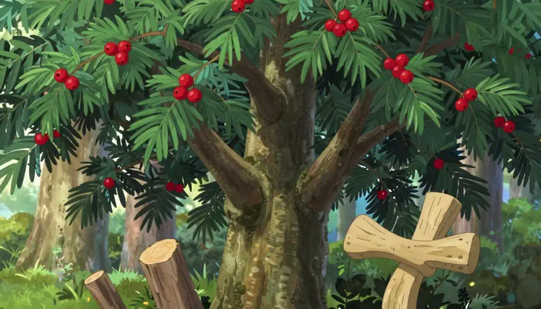 Visual representation of "yew" - A type of tree with dark green needles and red berries, and wood that is often used in making bows