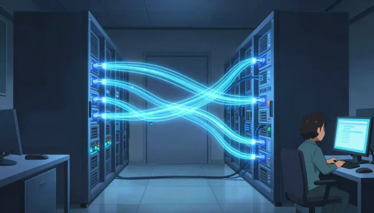 Visual representation of "cutover" - The process of switching from one system to another, especially in computing or telecommunications.