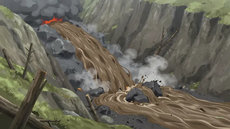 Visual representation of "lahar" - A lahar is a destructive volcanic mudflow consisting of water, ash, and debris that flows down the slopes of a volcano.
