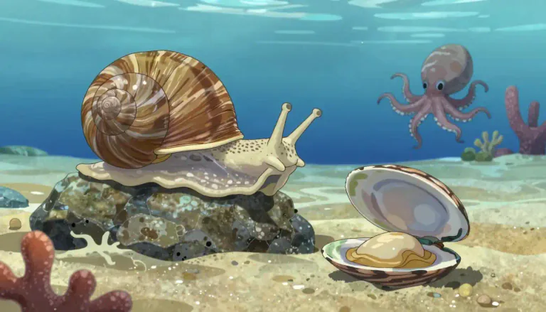 Visual representation of "mollusk" - A mollusk is a soft-bodied animal that often has a hard shell, belonging to the phylum Mollusca, which includes snails, clams, and octopuses.