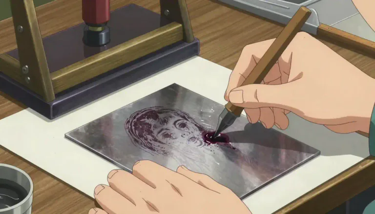 Visual representation of "mezzotint" - A type of graphic art that creates an image by scraping off parts of a metal plate, and then inking the plate and pressing it onto paper.