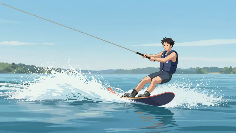 Visual representation of "waterski" - To ski on water while being pulled by a boat.