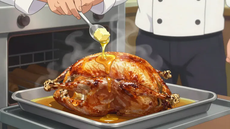 Visual representation of "baste" - Pour juices or melted fat over (meat) during cooking to keep it moist.