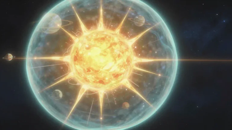 Visual representation of "heliosphere" - The heliosphere is the region of space dominated by the solar wind, which is a stream of charged particles released from the Sun.