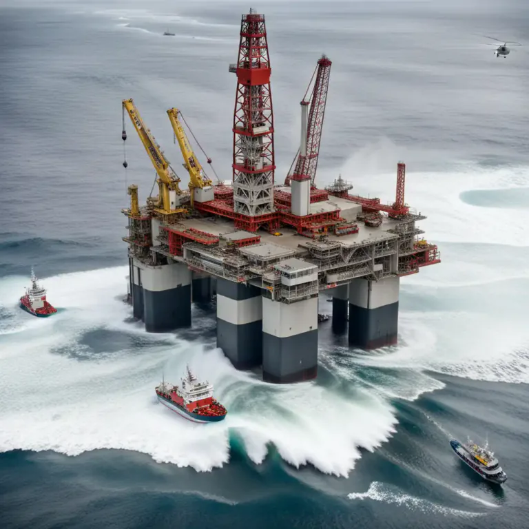 Visual representation of "rig" - A large structure with special equipment for drilling wells or producing oil or gas, especially at sea.